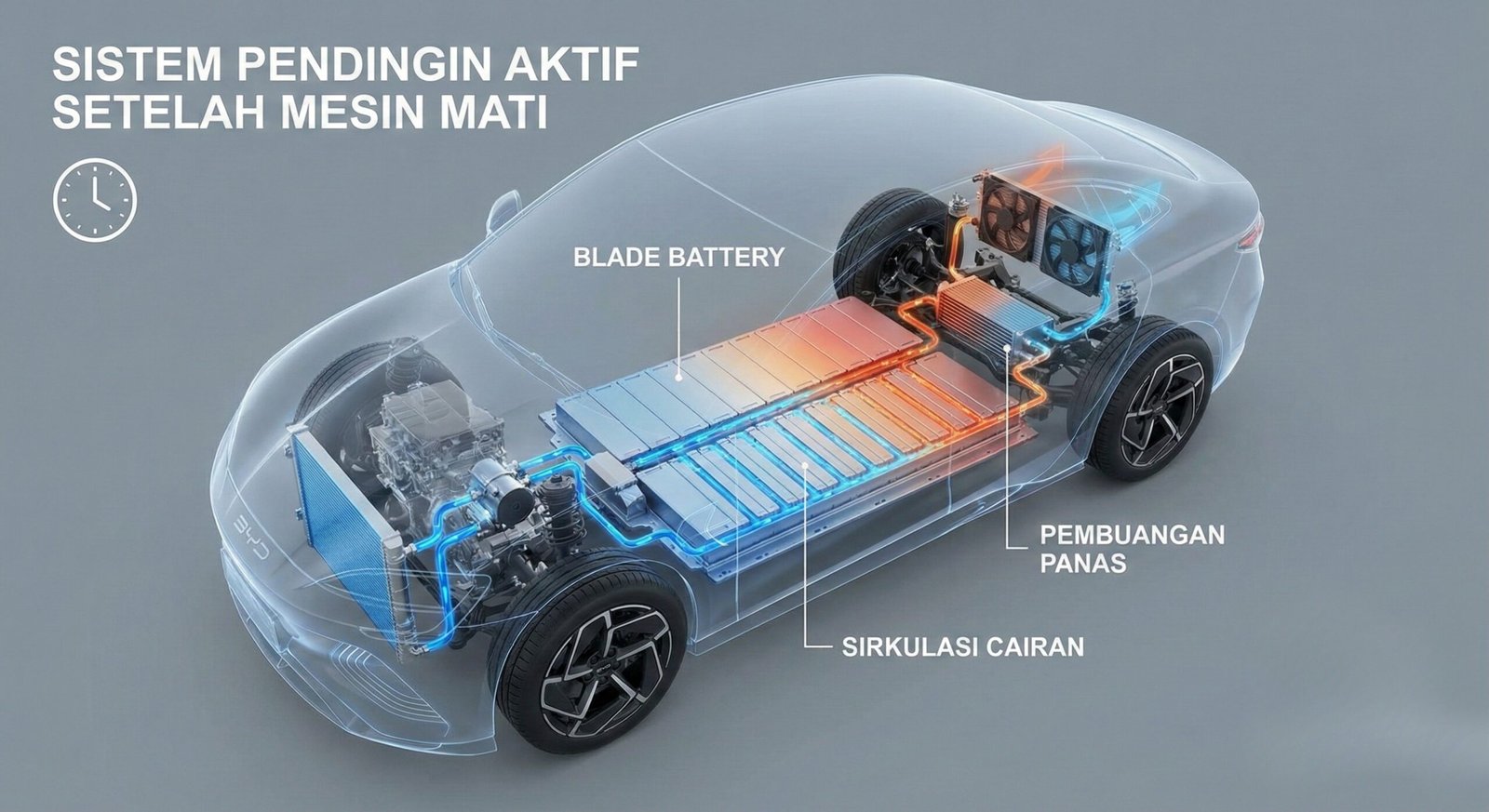 Ilustrasi sistem pendingin Blade Battery BYD bekerja setelah mobil mati