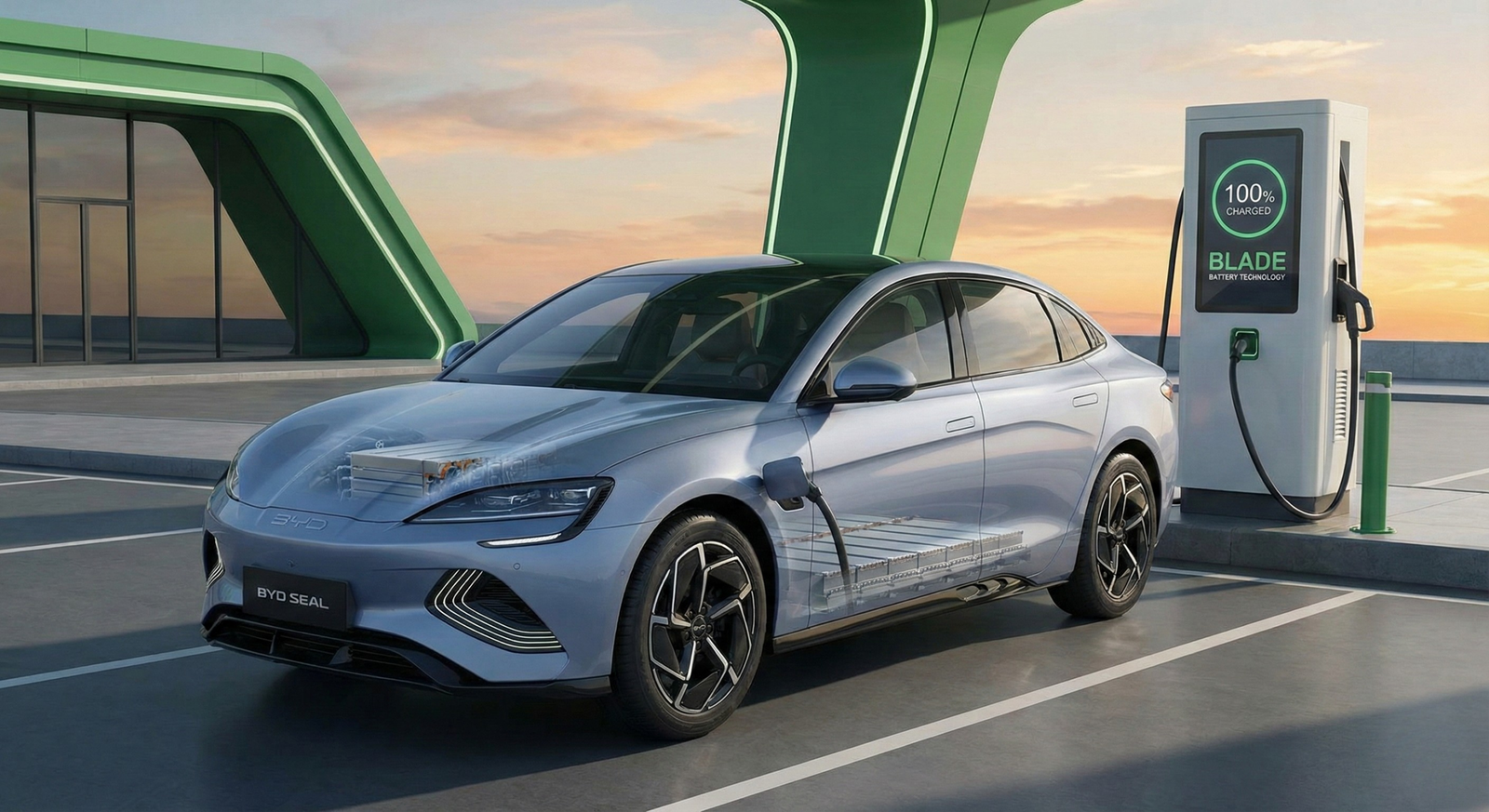 BYD Seal sedang diisi daya 100% menunjukkan Blade Battery